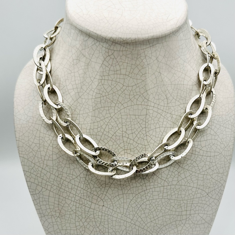 Hammered Silver Link Statement Necklace Chunky Large Oval Chain Multi-Way Wear